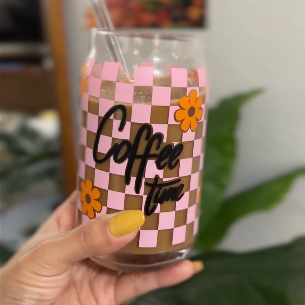 Floral pink checkered Coffee Time Libbey glass can